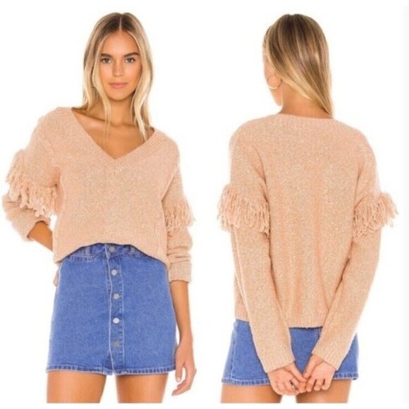 Tularosa Size M Lonestar Fringe Sleeve V-Neck Sweater in Peach Wool Blend - Picture 2 of 13